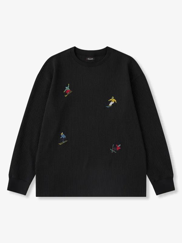 “Snowy Mountain Skier” Embroidered Waffle Long Sleeve Tee made by Karaku