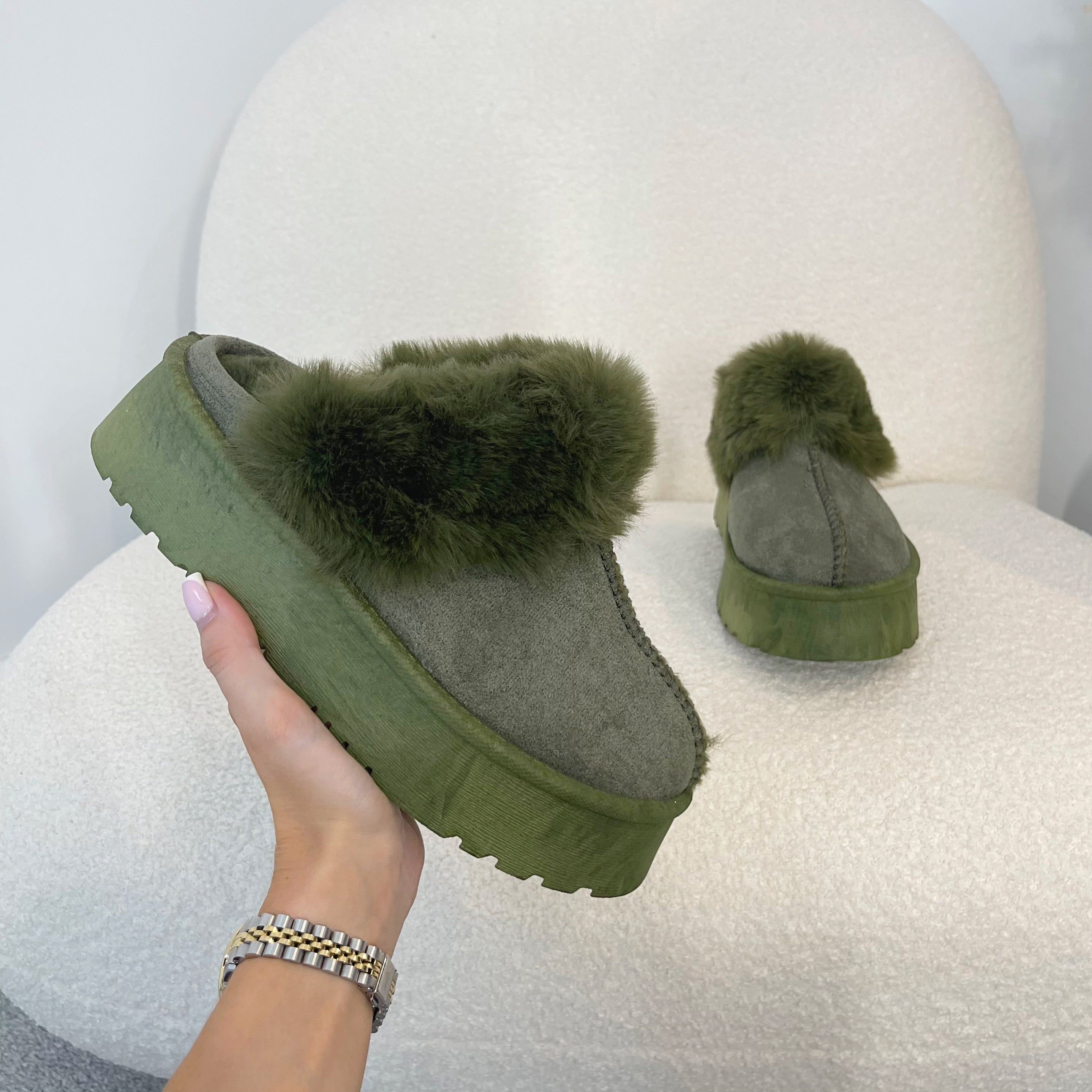 OLIVIA Khaki Chunky Platform Faux Fur Slippers (Size Up) sold by Talliah Rose UK