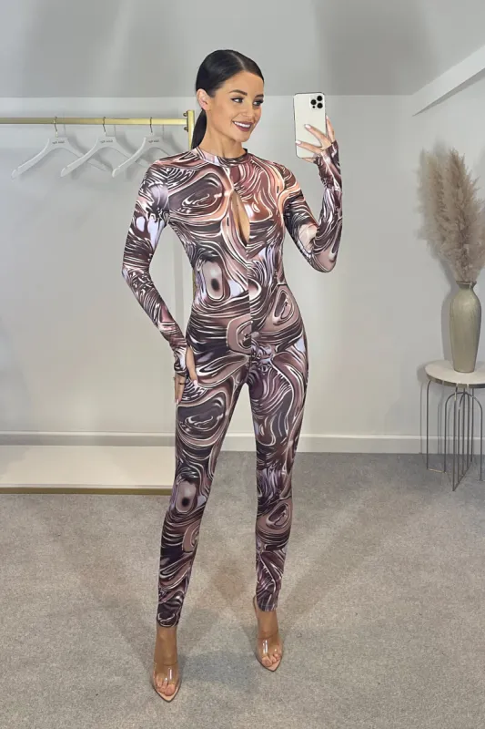 DEMI Backless Long Sleeved Slinky Jumpsuit (Lilac/Brown) sold by Talliah Rose UK