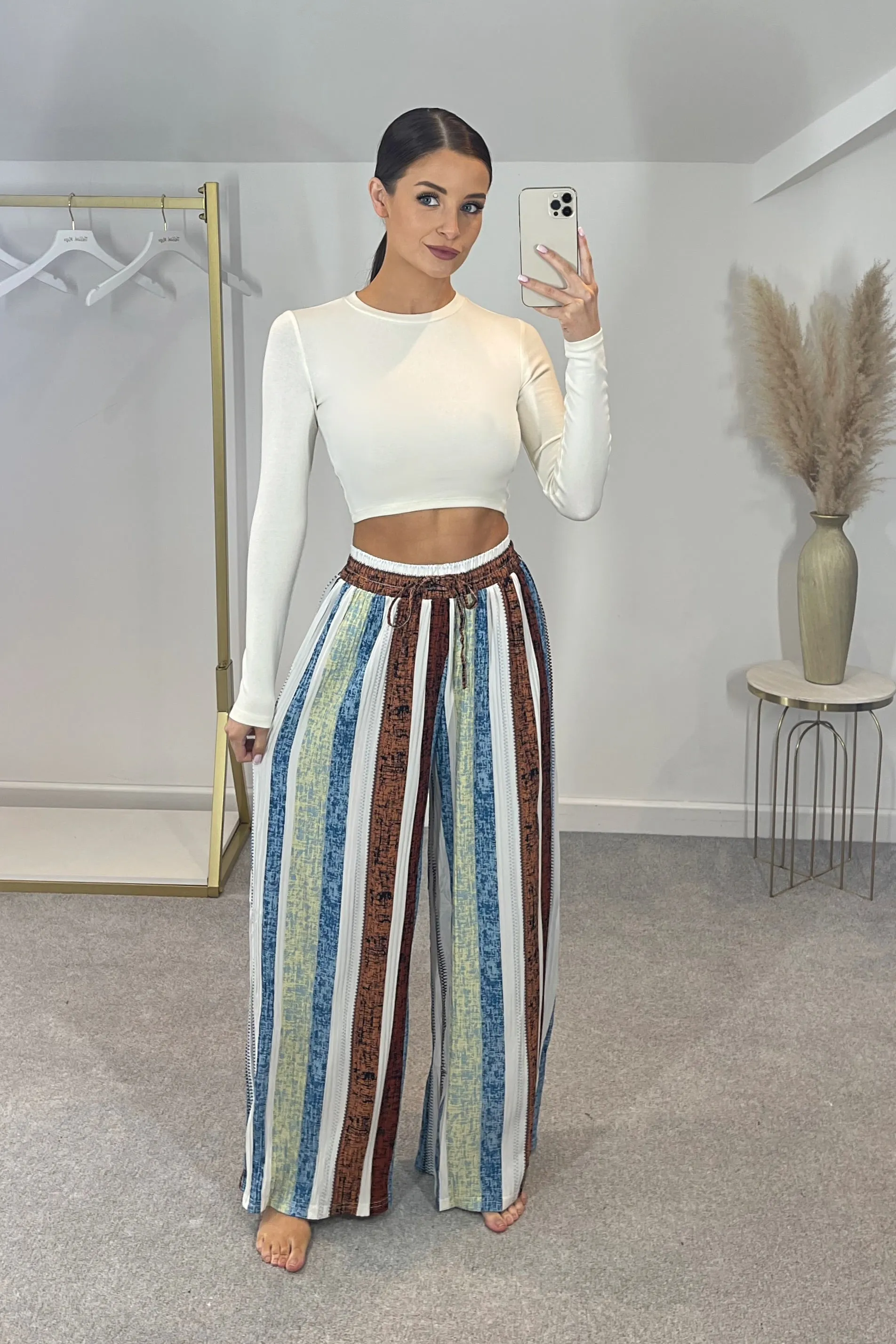 LEXI Striped High Waist & Wide Leg Trousers (Choc/Lime) sold by Talliah Rose UK