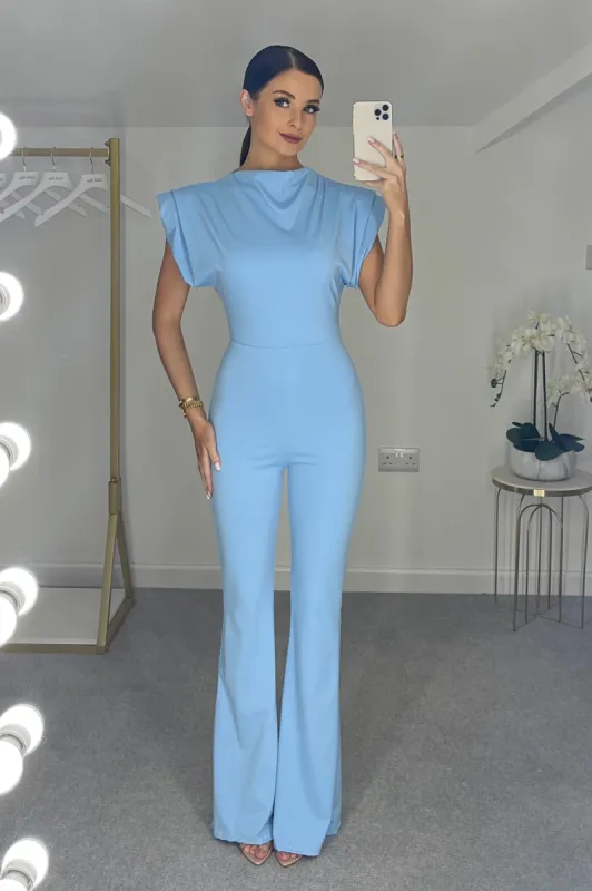 ANYA Slinky Exaggerated Shoulder Fitted Jumpsuit (Sky Blue) sold by Talliah Rose UK