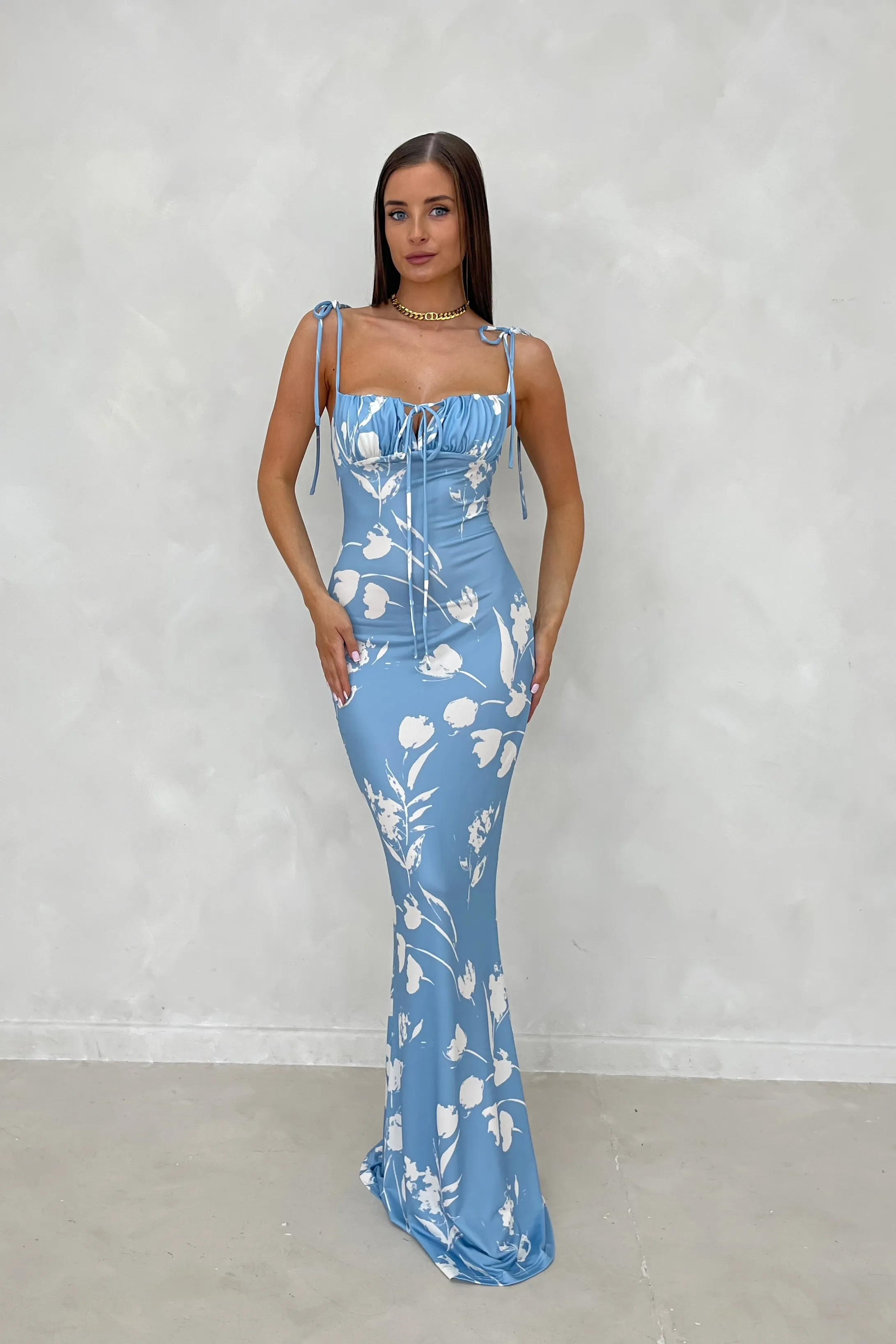 TIA Powder Blue Floral Milkmaid Sculpting Maxi Dress sold by Talliah Rose UK
