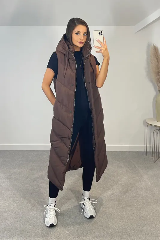 LOLA Premium Padded Longline Zip & Hood Gilet (Chocolate) made by Talliah Rose UK