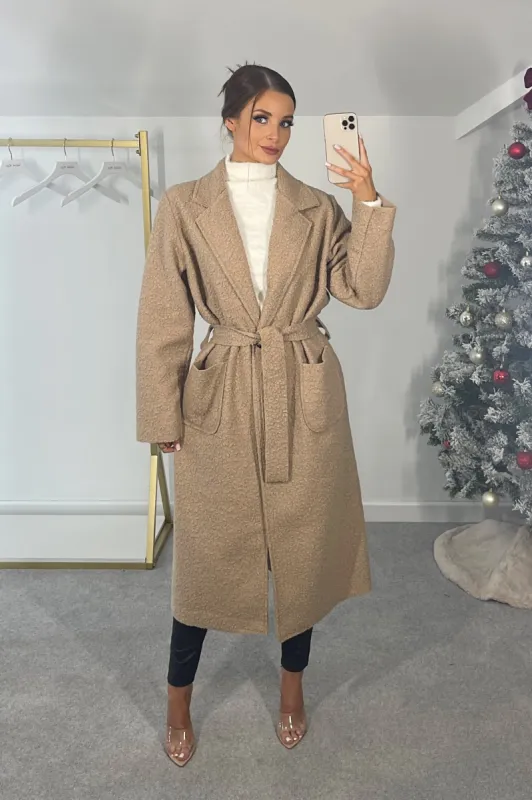 HANNAH Toffee Boucle Longline Belted Coat sold by Talliah Rose UK