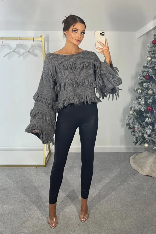 NATALIE Oversized Sleeve Slate Grey Fringed Knitted Jumper sold by Talliah Rose UK