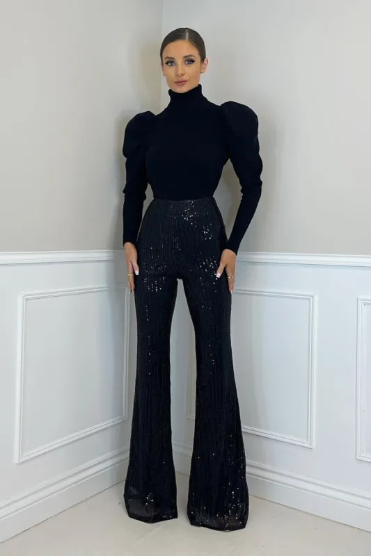 PERI Black High Waisted Sequin Flared Trousers sold by Talliah Rose UK