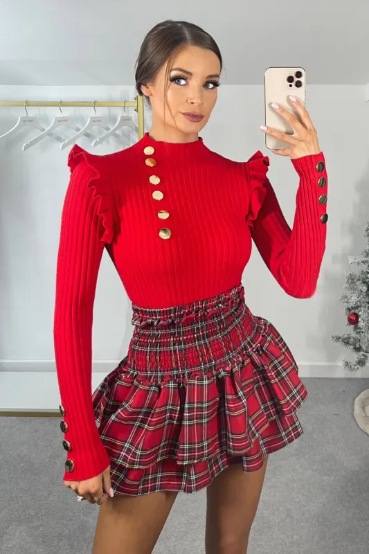 EVERLY Red Stretch Knit Gold Button Long Sleeved Top sold by Talliah Rose UK