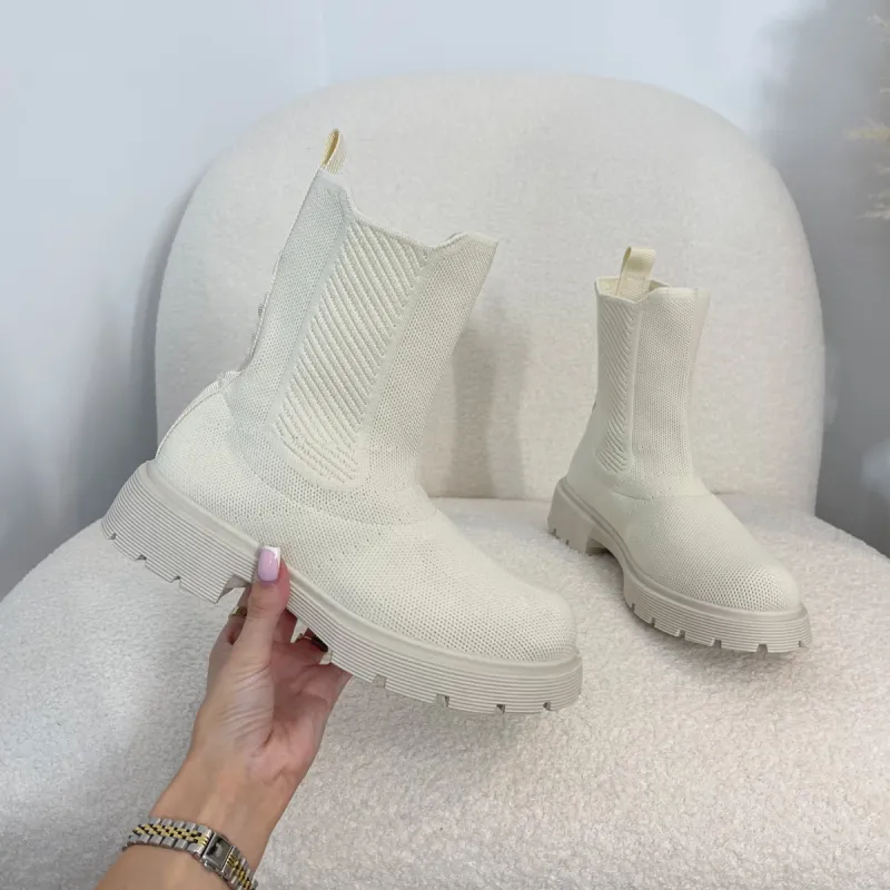 BROOKE Cream Stretch Fabric Sock Boots sold by Talliah Rose UK