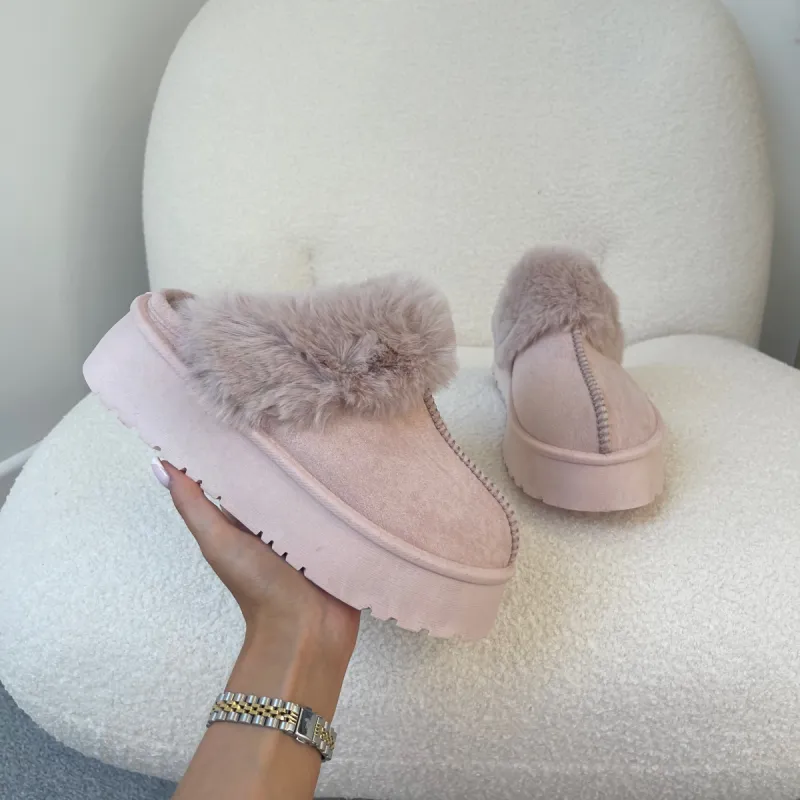 OLIVIA Blush Pink Chunky Platform Faux Fur Slippers (Size Up) sold by Talliah Rose UK