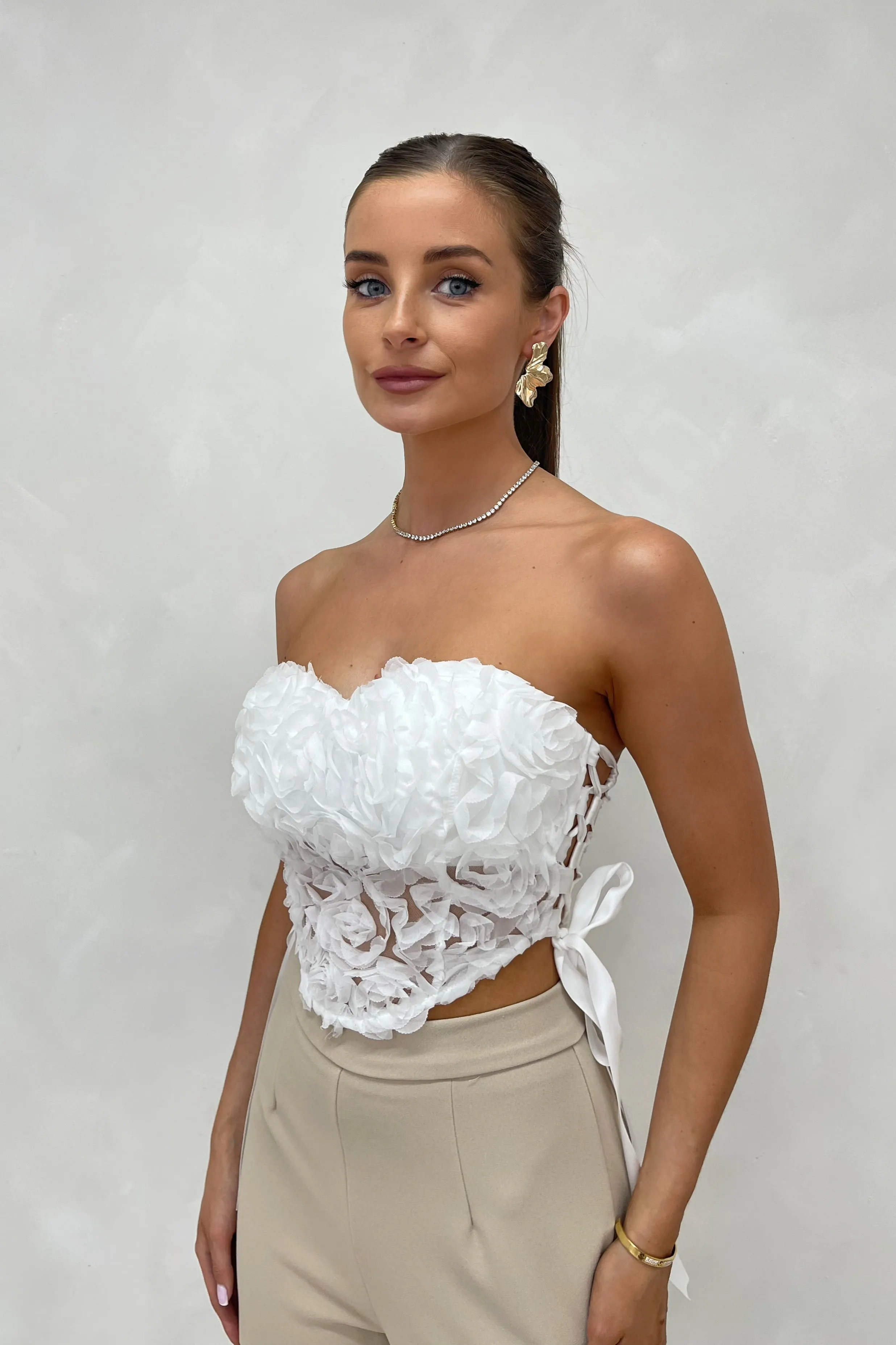 EVE White 3D Floral Lace Side Bandeau Top sold by Talliah Rose UK