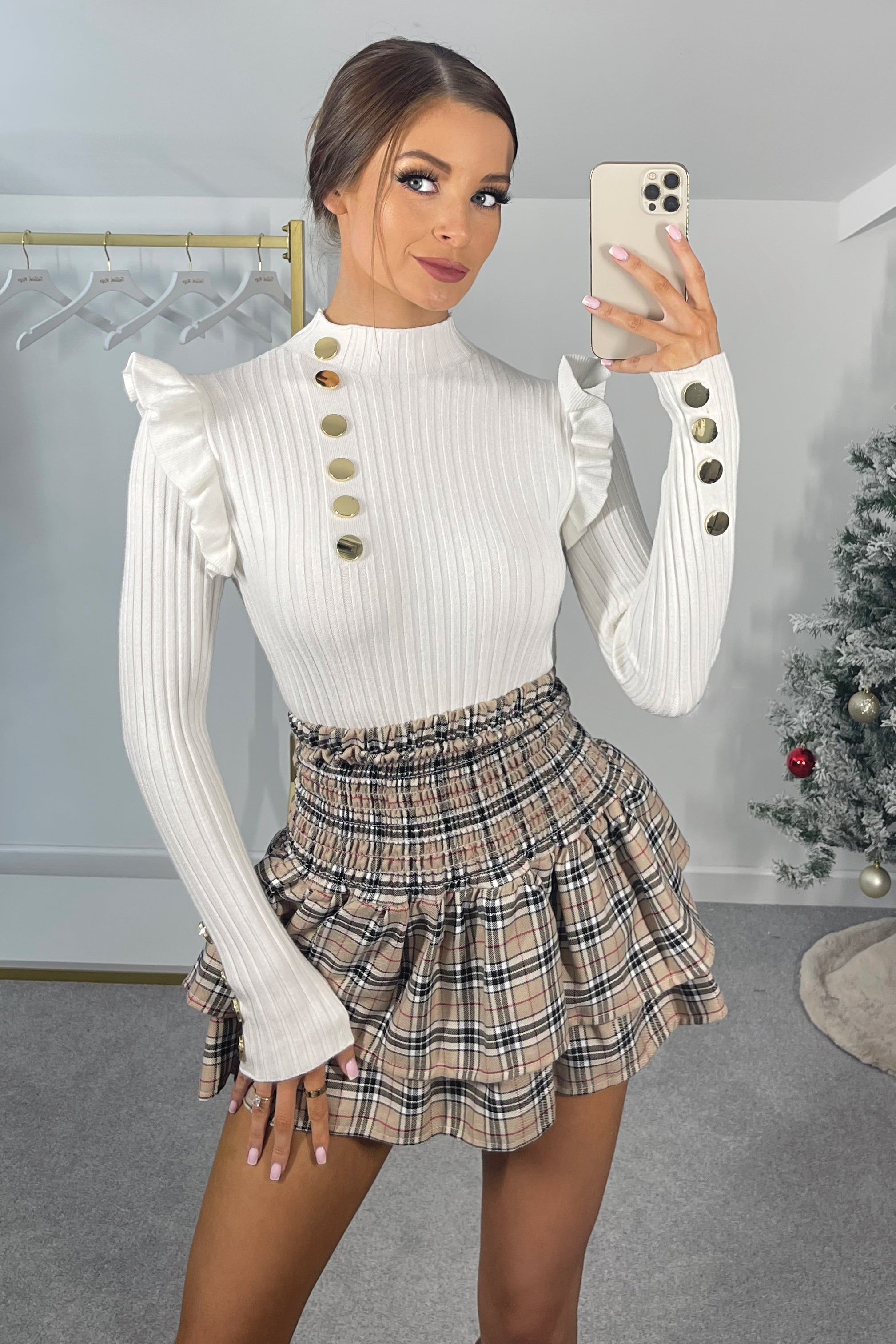 EVERLY White Stretch Knit Gold Button Long Sleeved Top sold by Talliah Rose UK