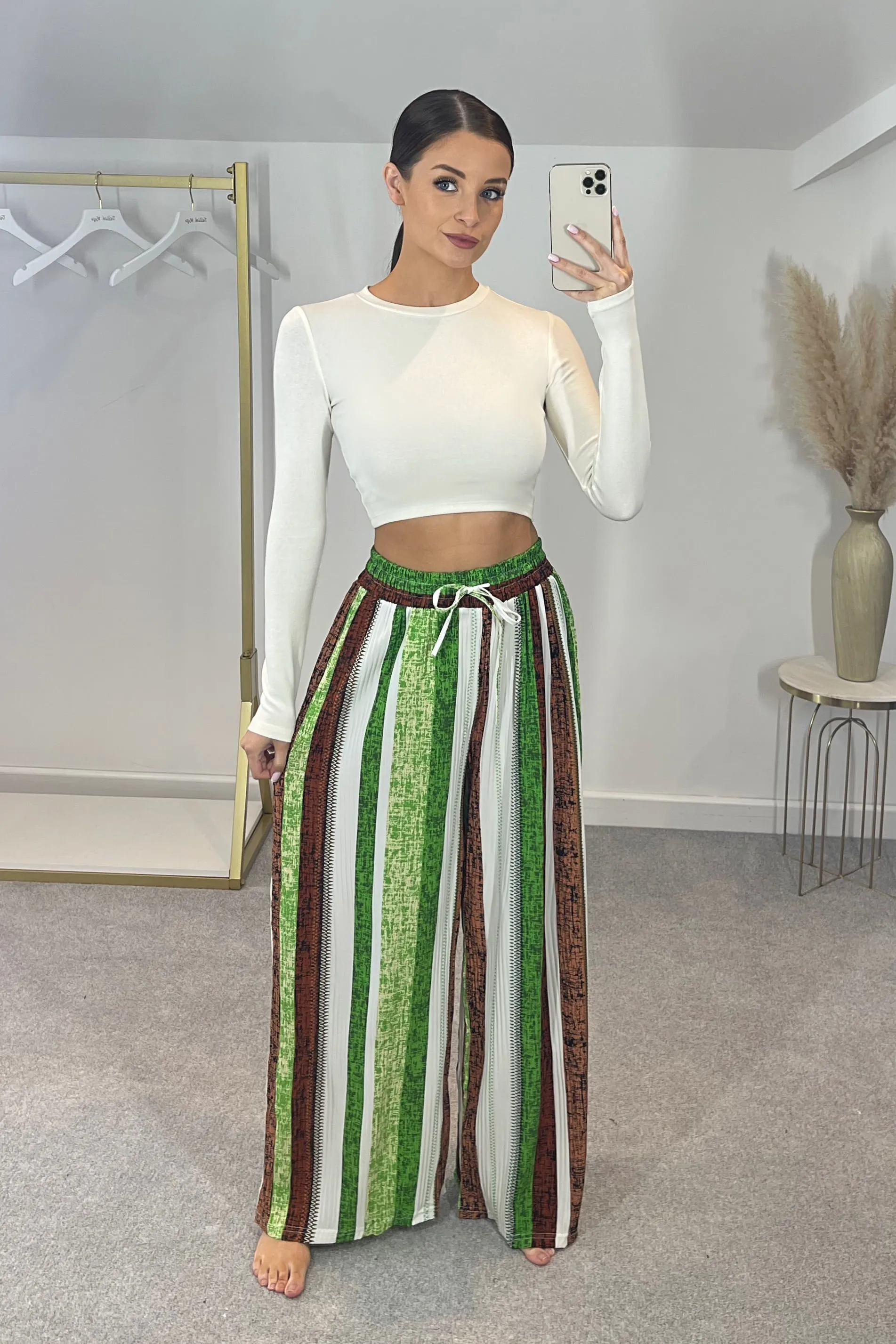 LEXI Striped High Waist & Wide Leg Trousers (Green/Choc) sold by Talliah Rose UK