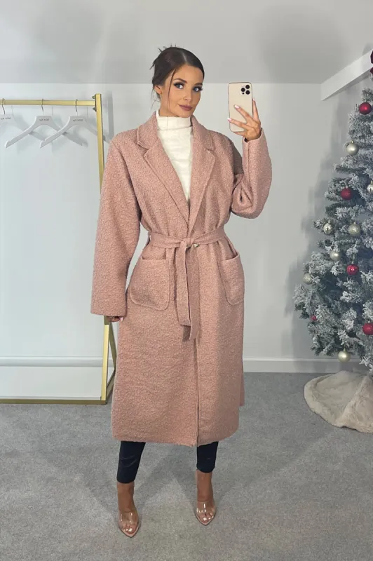 HANNAH Blush Pink Boucle Longline Belted Coat sold by Talliah Rose UK