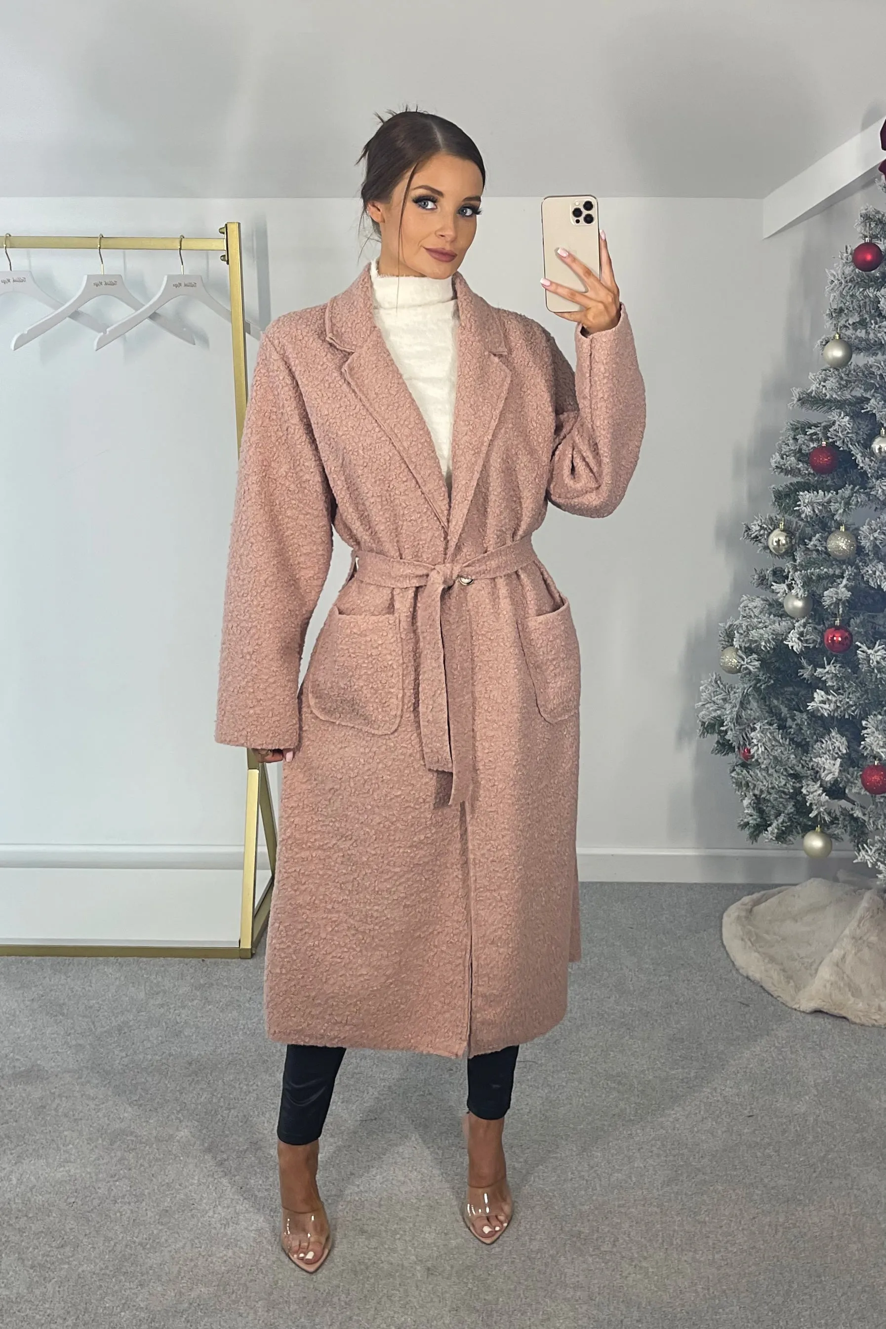 HANNAH Blush Pink Boucle Longline Belted Coat sold by Talliah Rose UK