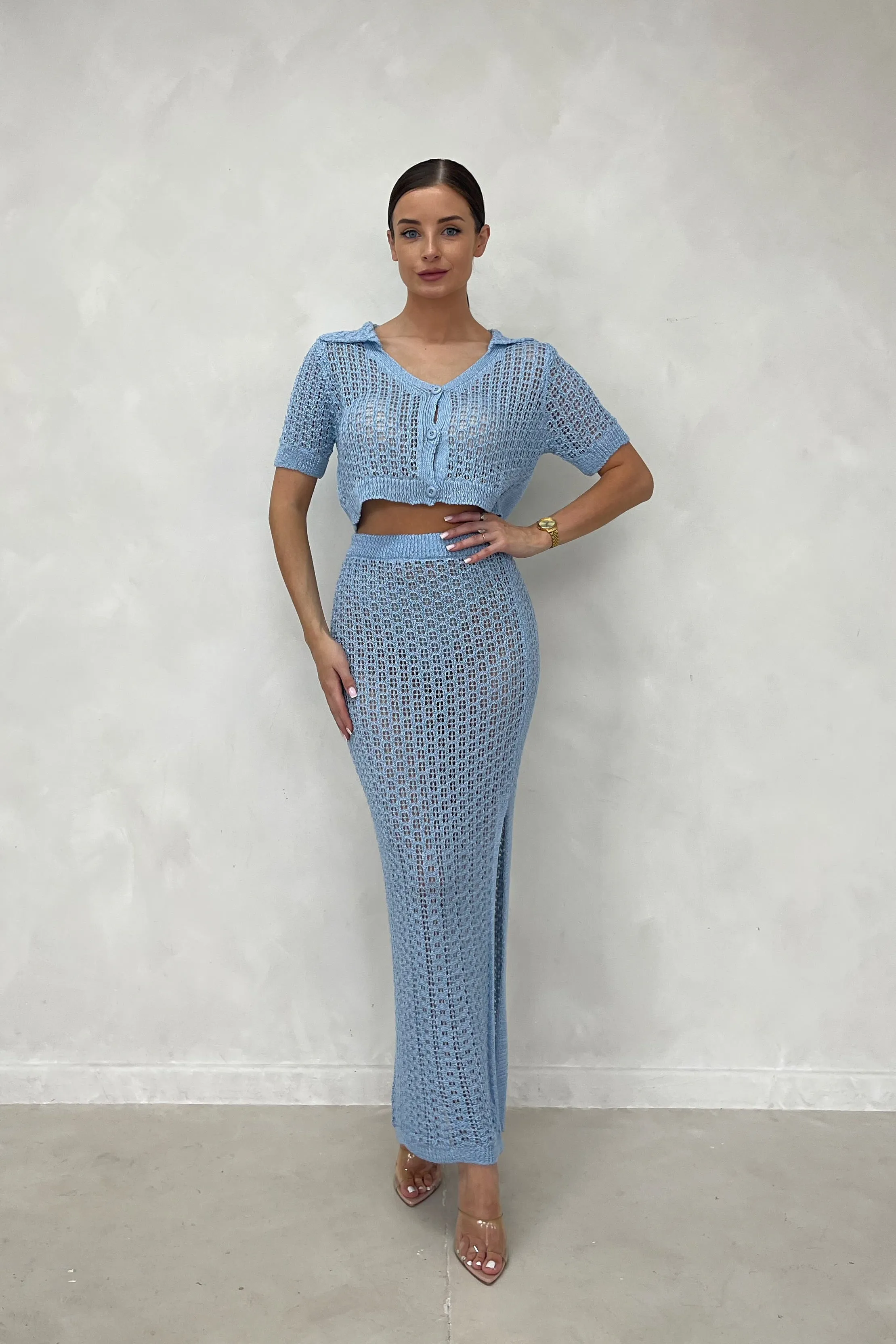 LIZA Dusty Blue Knitted Crochet Maxi Co Ord sold by Talliah Rose UK