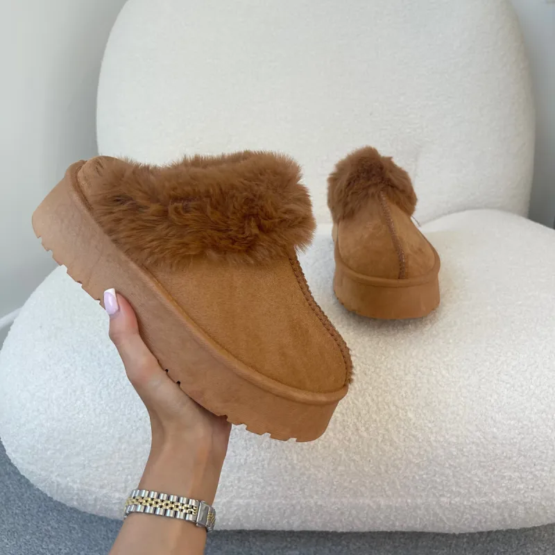 OLIVIA Chestnut Chunky Platform Faux Fur Slippers (Size Up) sold by Talliah Rose UK