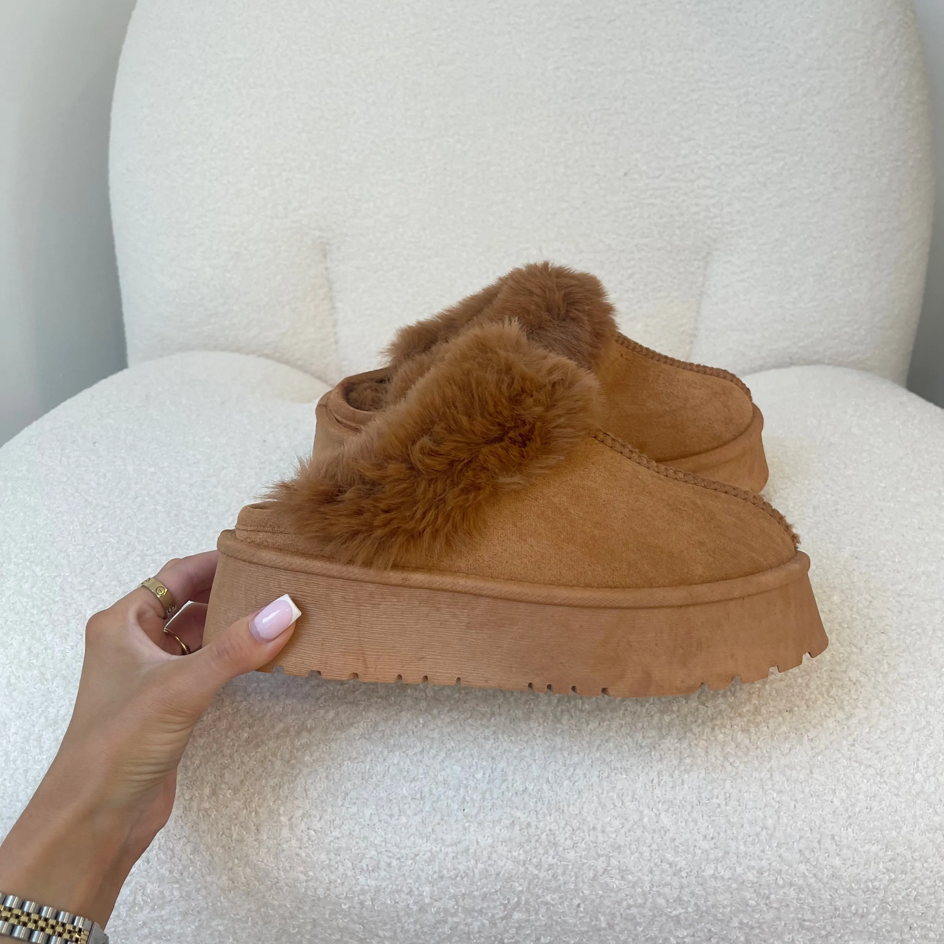 OLIVIA Chestnut Chunky Platform Faux Fur Slippers (Size Up) sold by Talliah Rose UK product image thumbnail 2