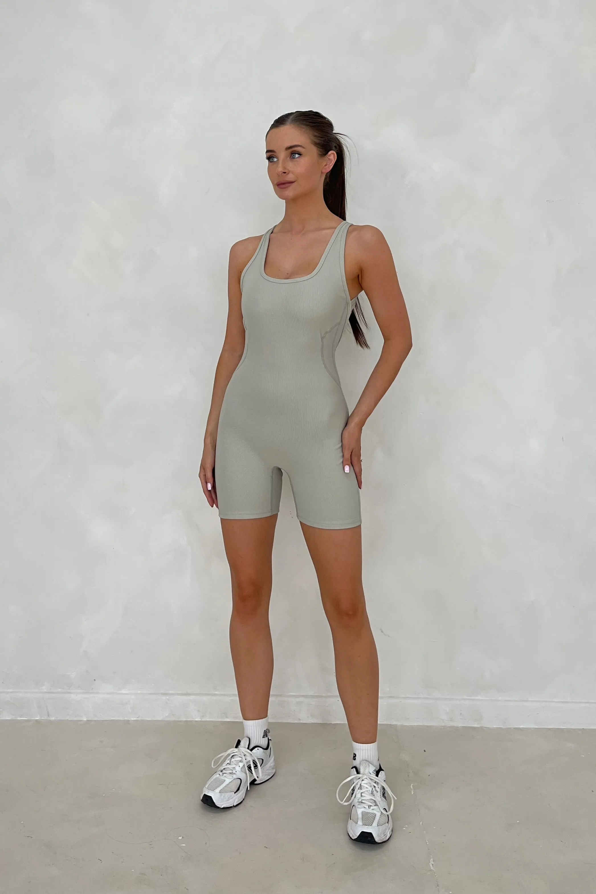 DARBY Stone Stretch Rib Backless Unitard sold by Talliah Rose UK