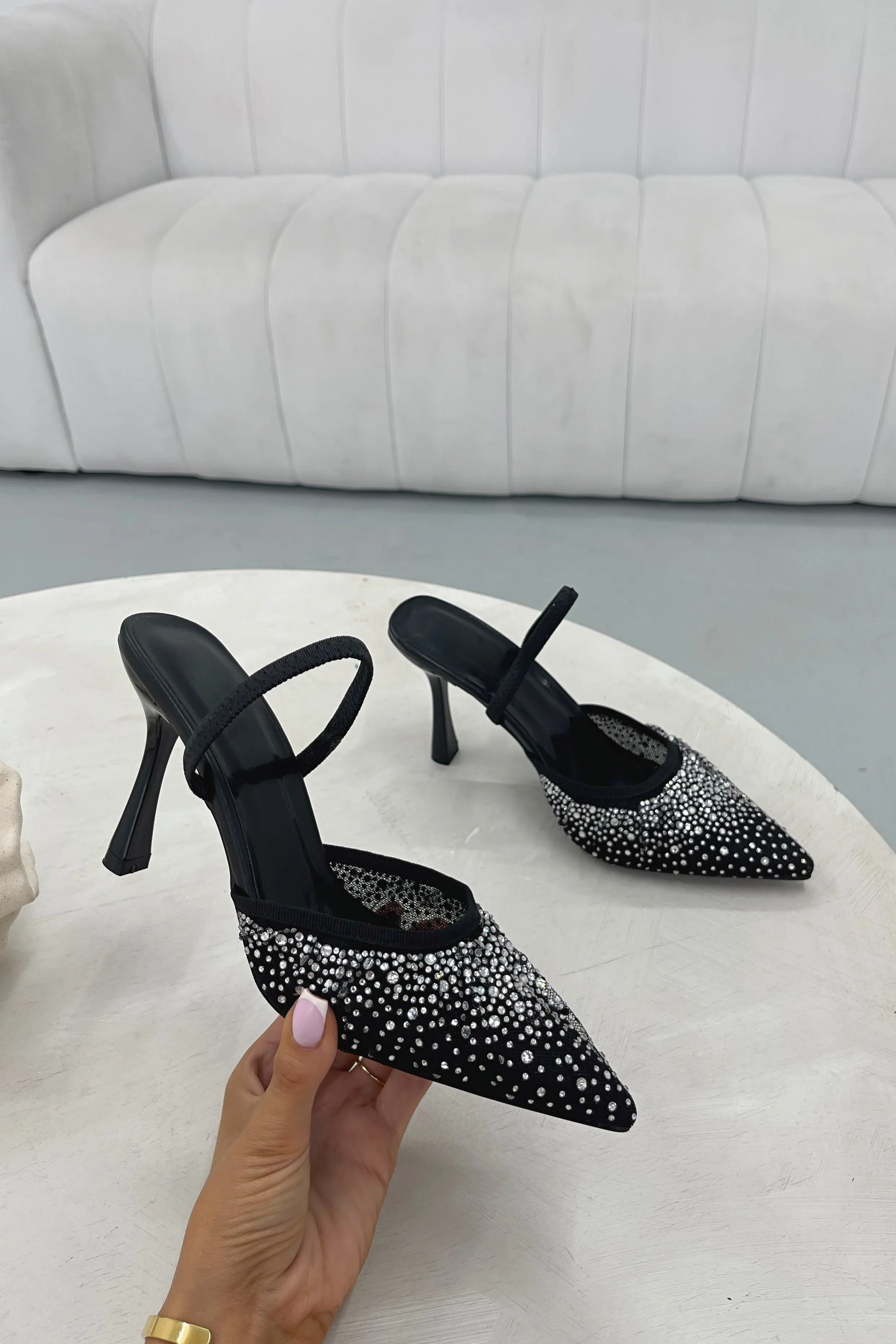 ZARA Premium Diamanté Mesh Sling Back Court Heels Parallel