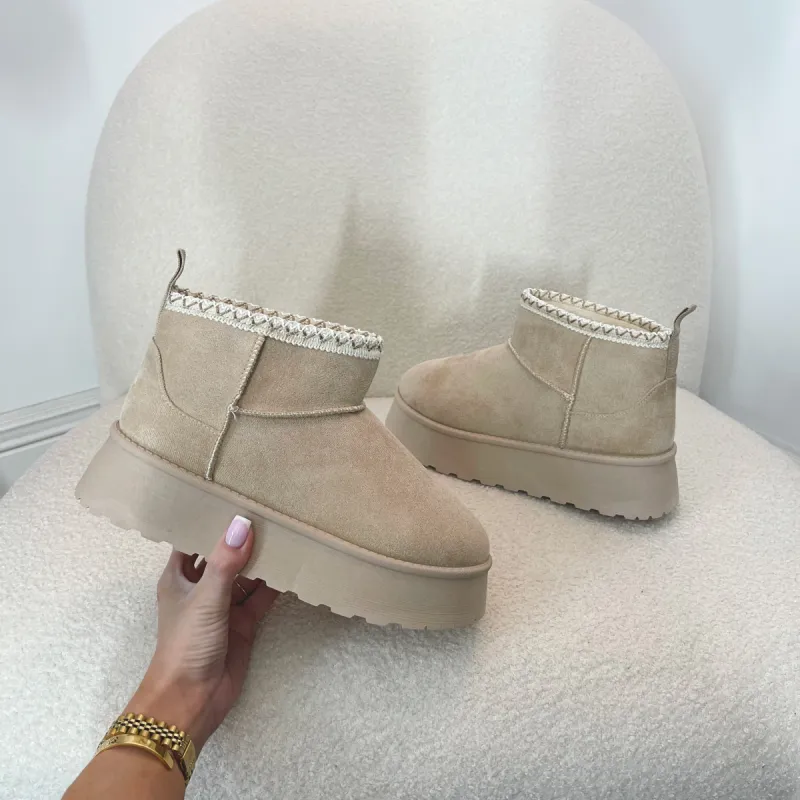 KELLY Aztec Faux Suede Mini Boots in Beige (SIZE UP) sold by Talliah Rose UK