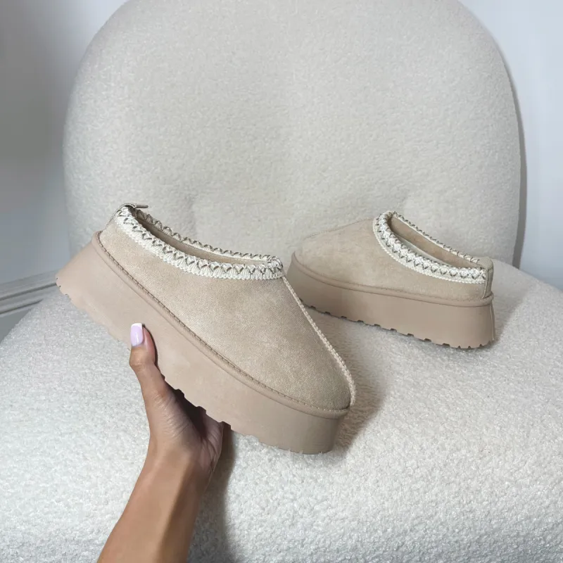 ALICE Faux SuedeChunky Aztec Slip On Shoes in Light Beige (SIZE UP) sold by Talliah Rose UK