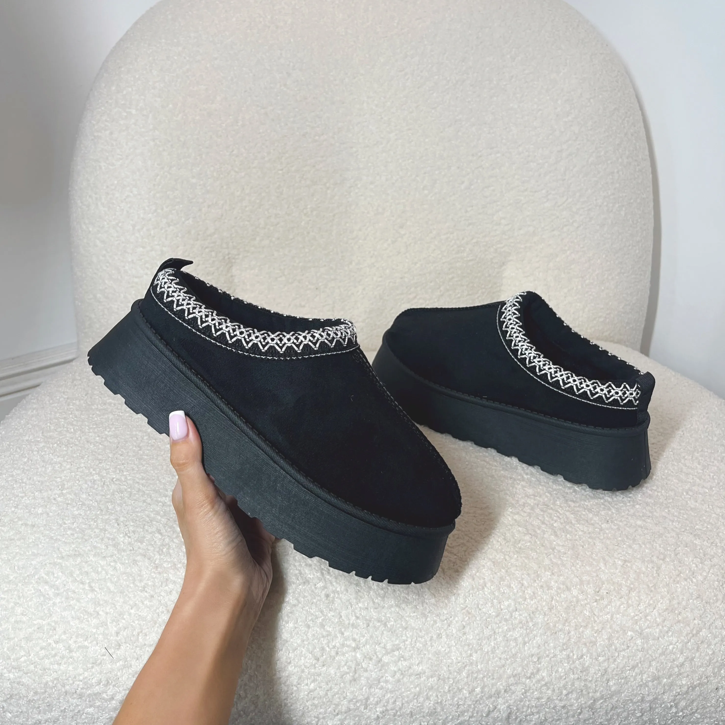 ALICE Faux Suede Chunky Aztec Slip On Shoes in Black (SIZE UP) sold by Talliah Rose UK