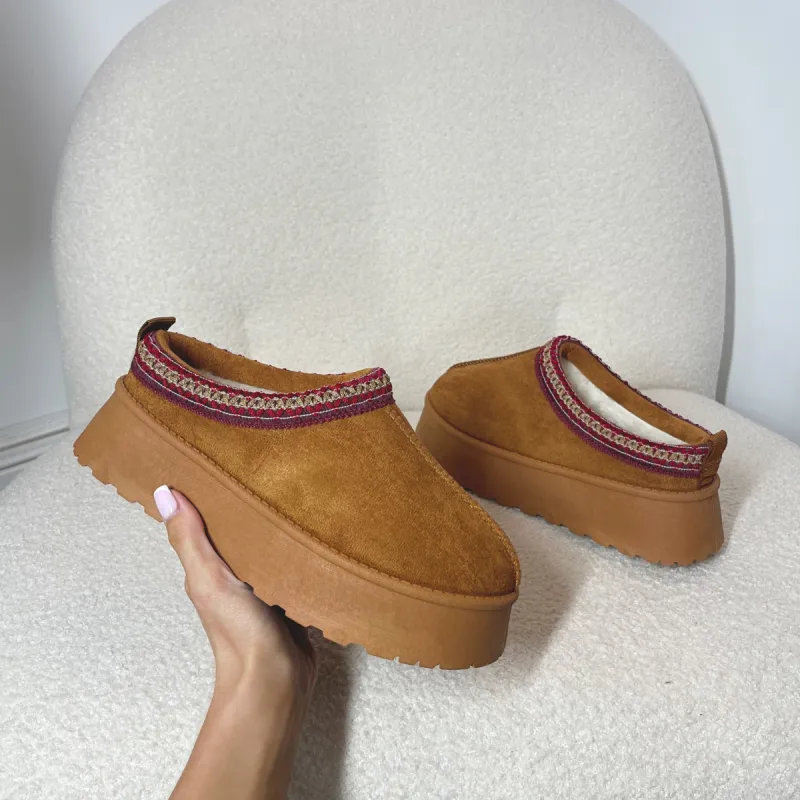 ALICE Faux SuedeChunky Aztec Slip On Shoes in Chestnut (SIZE UP) sold by Talliah Rose UK