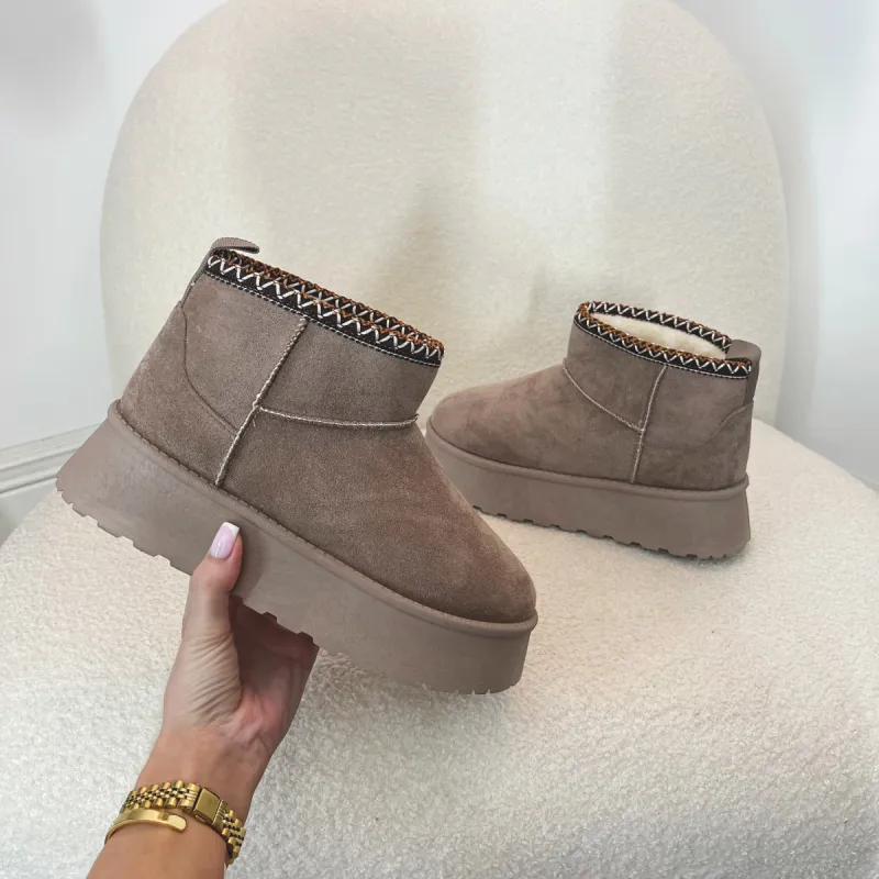 KELLY Aztec Faux Suede Mini Boots in Mocha (SIZE UP) sold by Talliah Rose UK