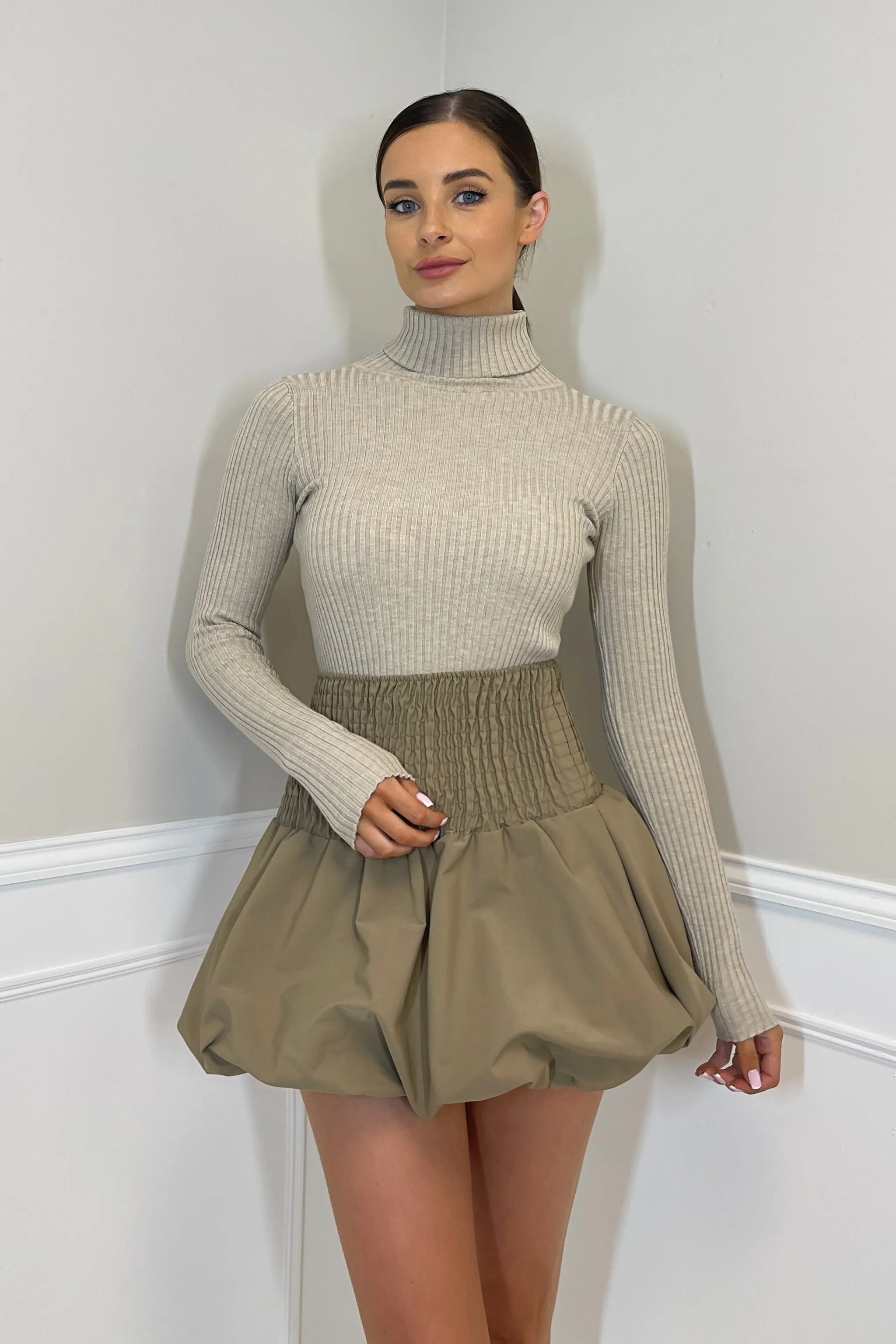 ISABELLA Stretch Rib Cotton Roll Neck Fitted Top in Oatmeal sold by Talliah Rose UK