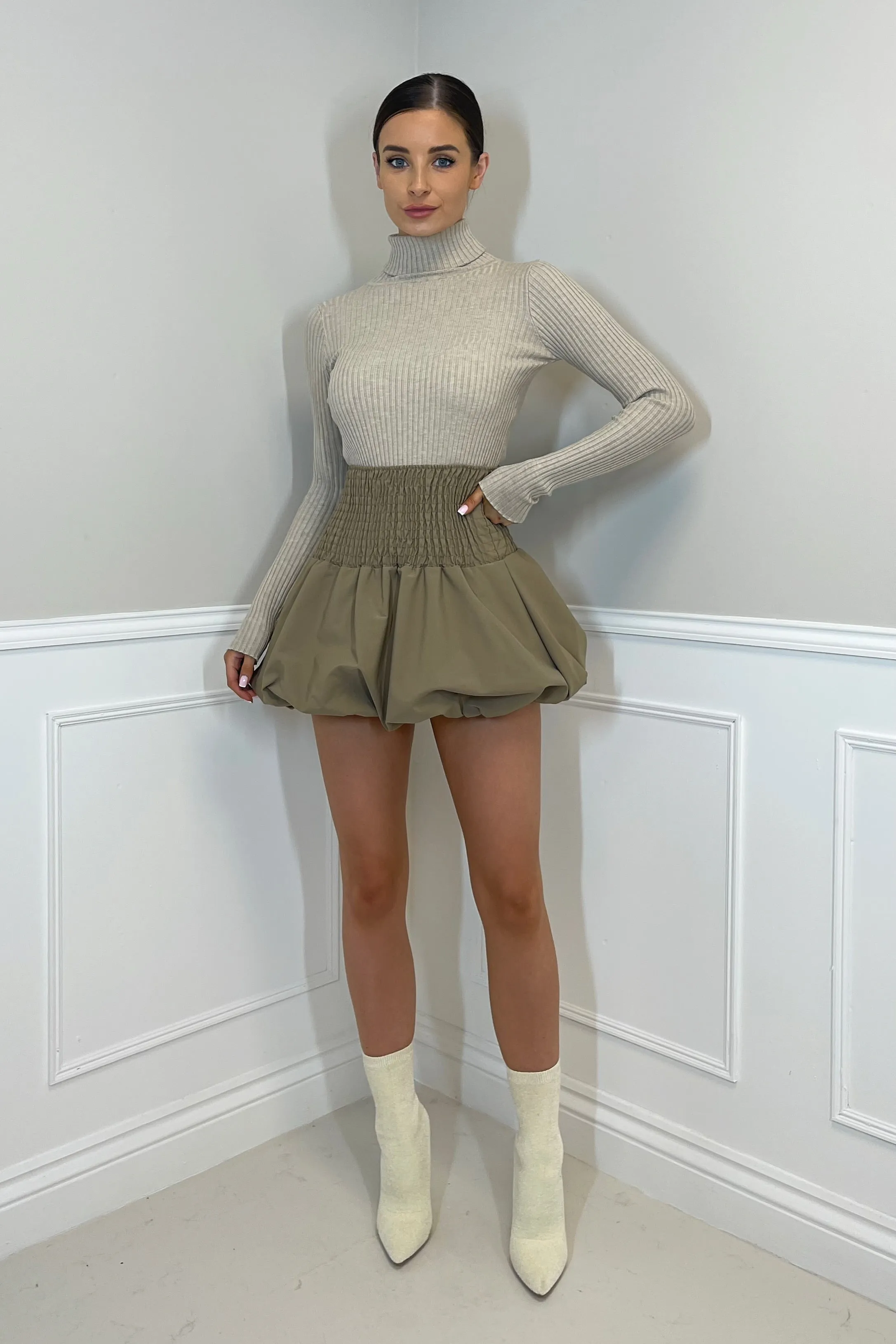 ISABELLA Stretch Rib Cotton Roll Neck Fitted Top in Oatmeal sold by Talliah Rose UK product image thumbnail 2