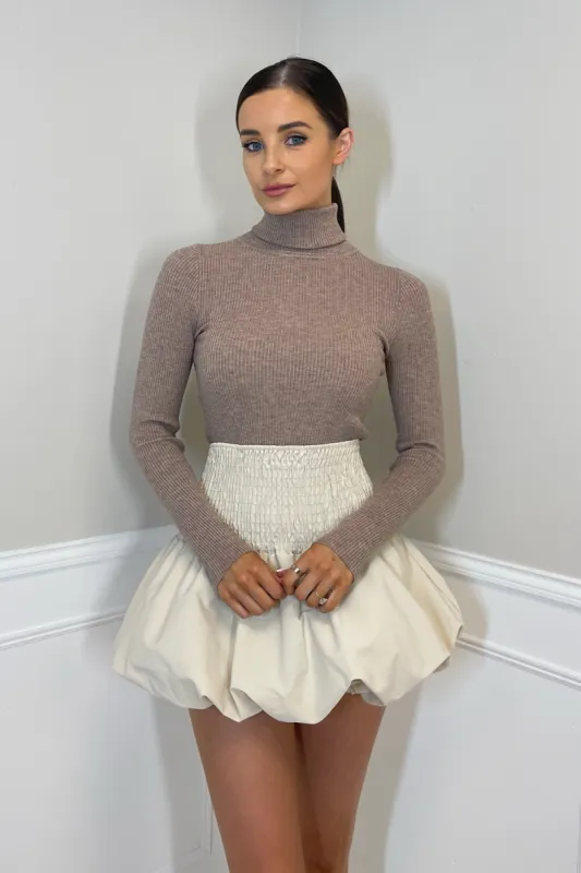 ISABELLA Stretch Rib Cotton Roll Neck Fitted Top in Mocha sold by Talliah Rose UK