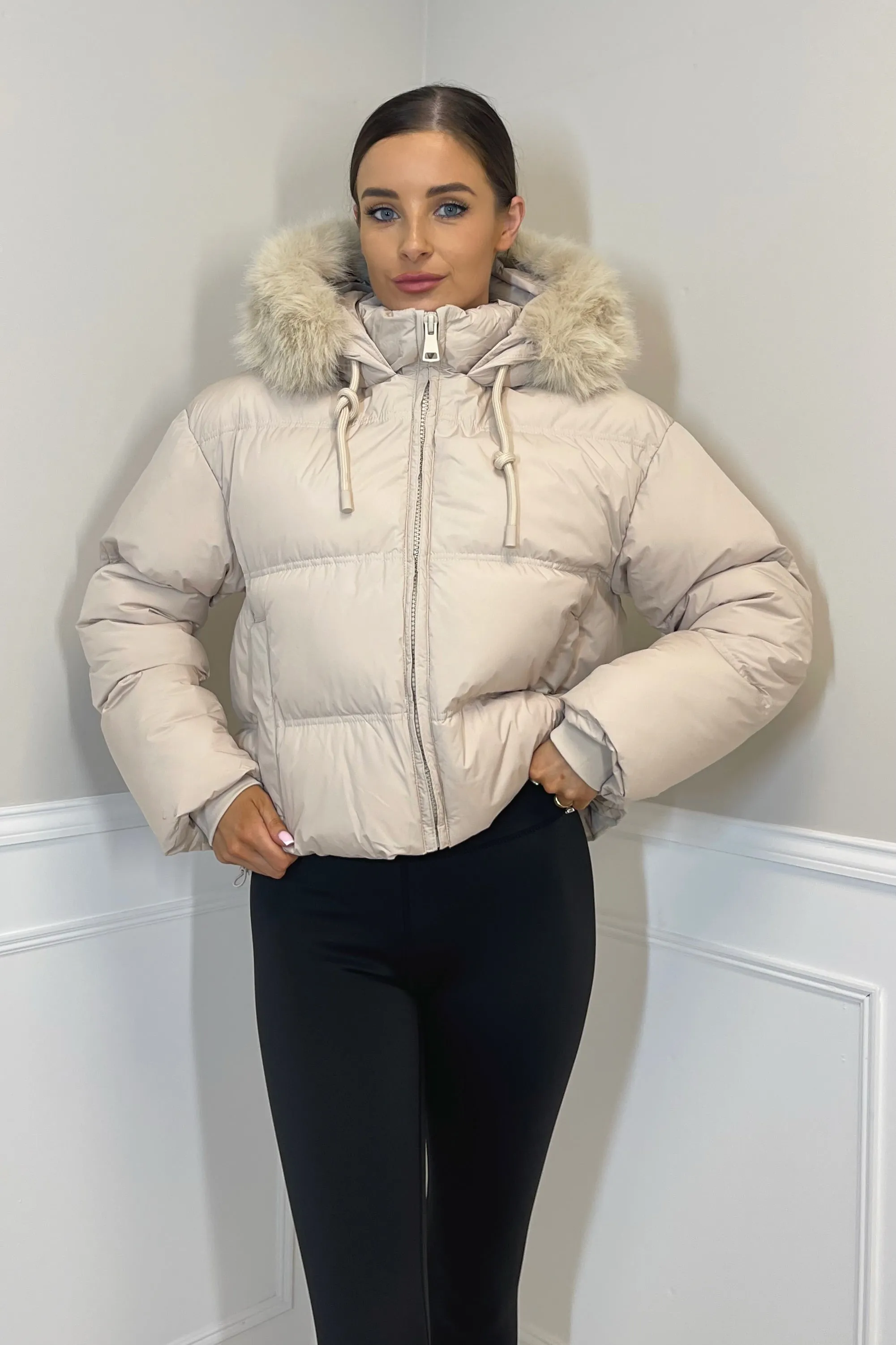 ARIA Padded Jacket with Faux Fur Hood in Light Beige sold by Talliah Rose UK