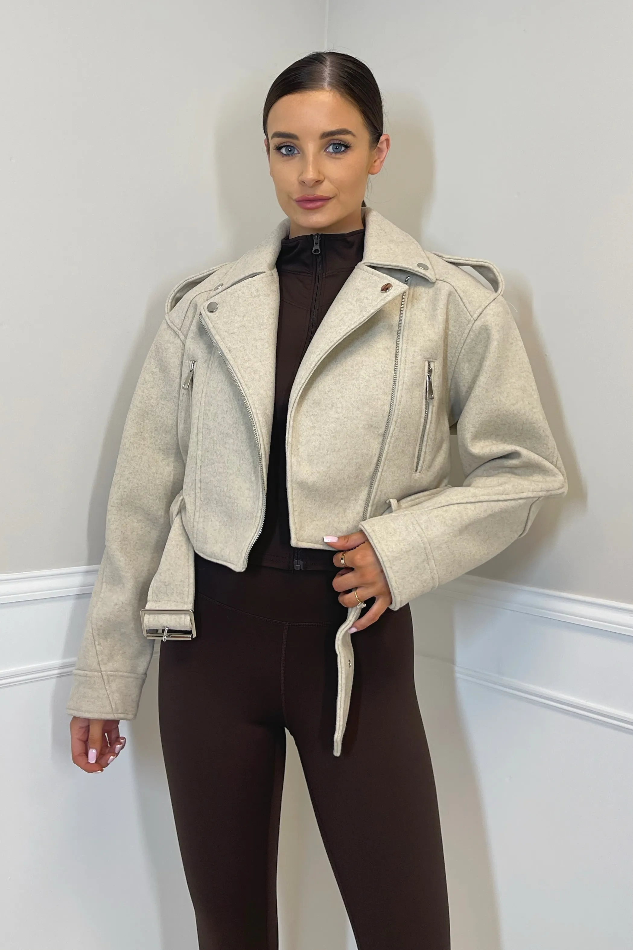 RORY Wool Blend Structured Biker Jacket in Latte sold by Talliah Rose UK