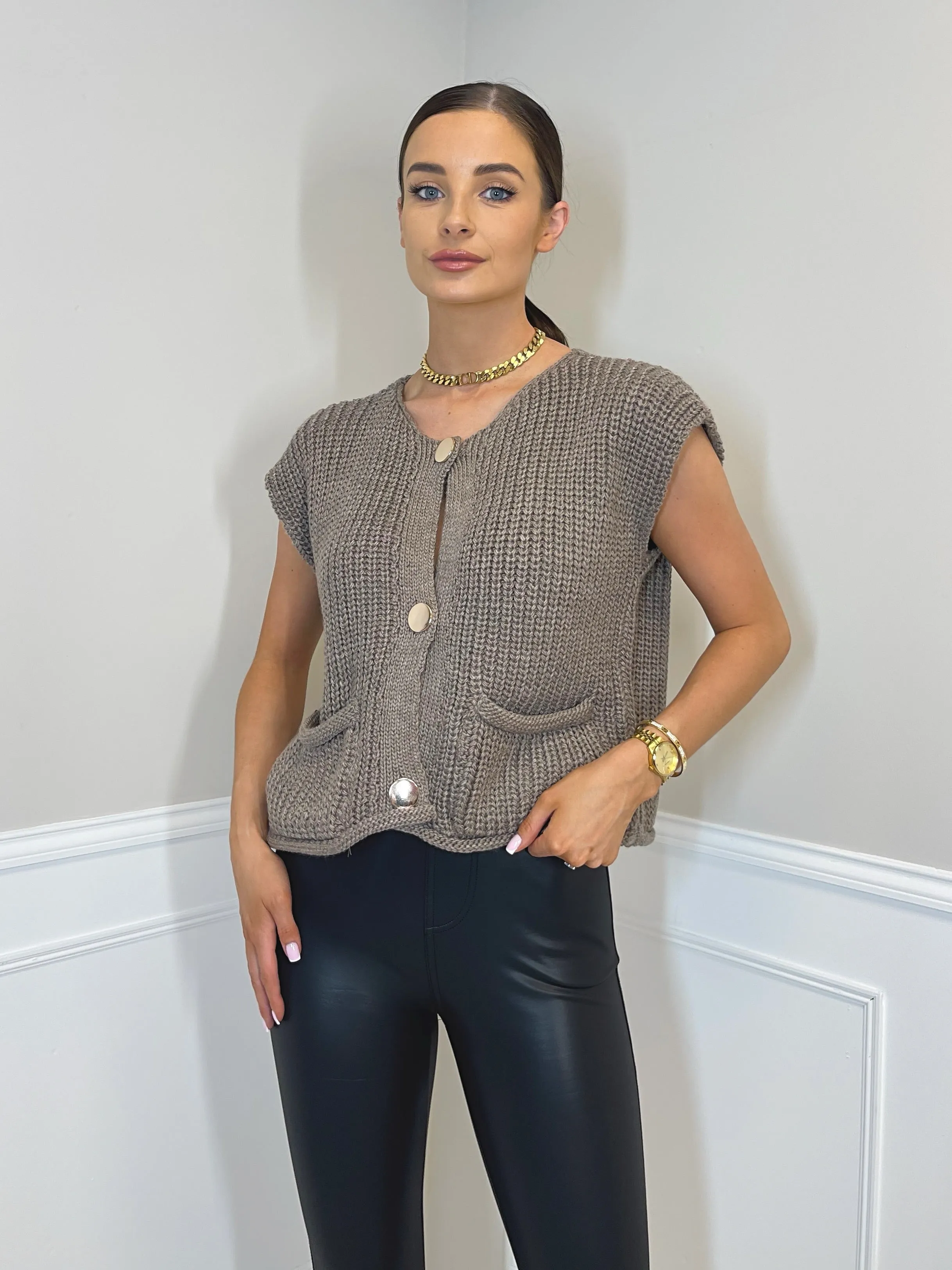 ANASTASIA Chunky Knit Sleeveless Cardigan in Mocha sold by Talliah Rose UK