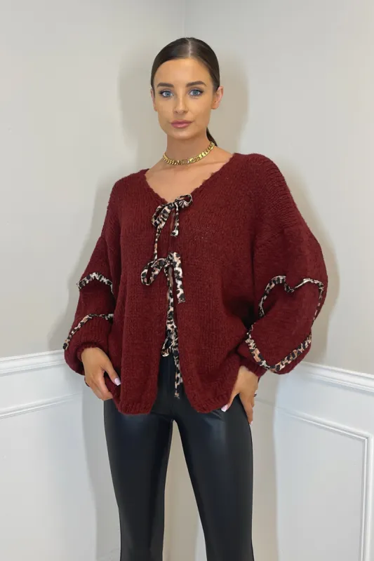 ELLE Leopard Detail Oversized Soft Knitted Jumper in Burgundy sold by Talliah Rose UK