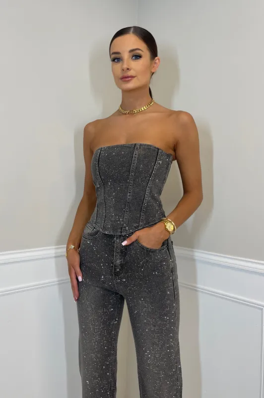 GINA Premium Diamanté Structured Denim Corset in Charcoal Grey sold by Talliah Rose UK
