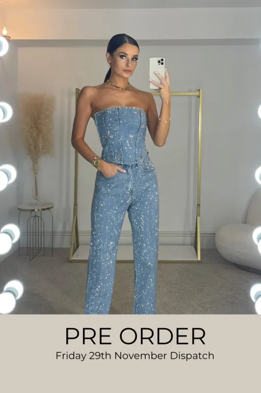 ERIN Premium Diamanté High Waisted Denim Jeans in Mid Blue sold by Talliah Rose UK