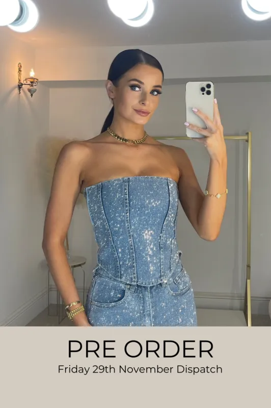 The GINA Diamanté Corset | Mid Blue sold by Talliah Rose UK