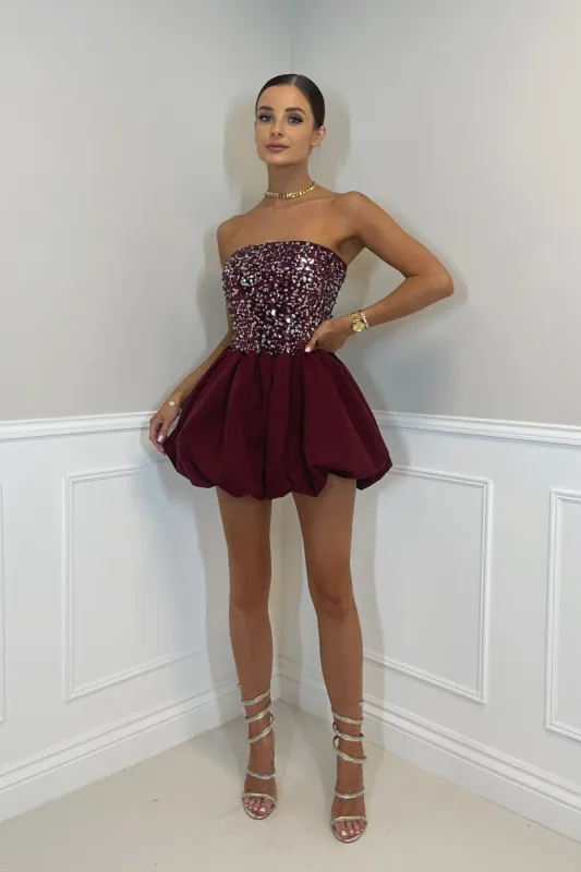 TARA Sequin Puffball Mini Dress in Burgundy sold by Talliah Rose UK
