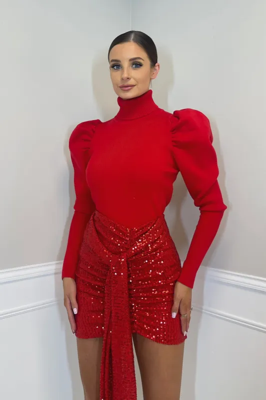 LEIGH Puff Sleeve Roll Neck Jumper in Red sold by Talliah Rose UK