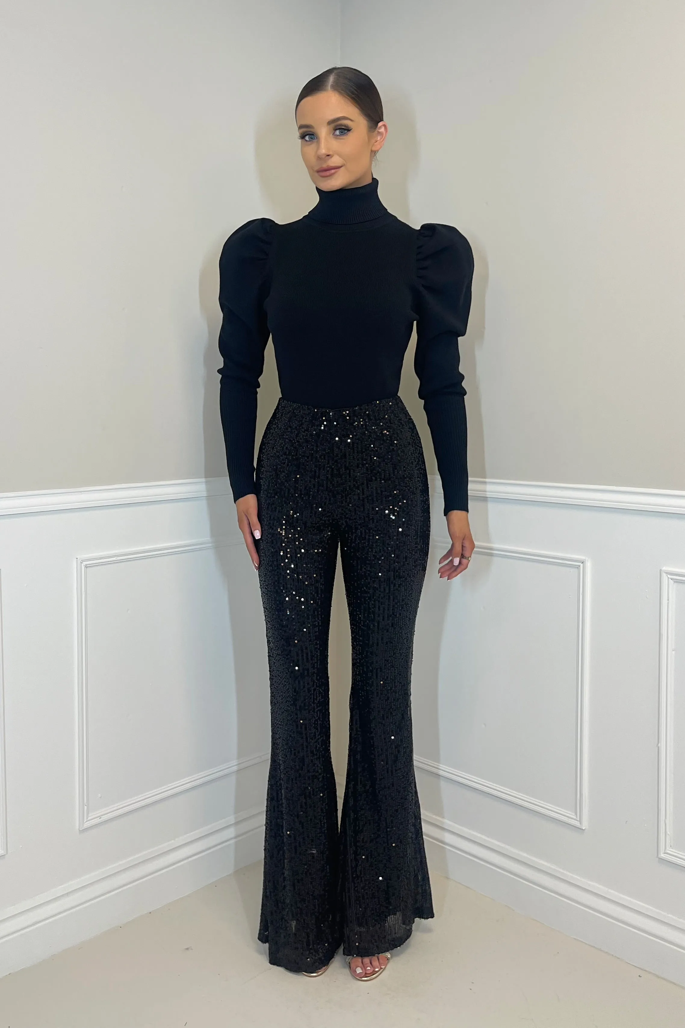 PERI High Waisted Sequin Flair Trousers in Black sold by Talliah Rose UK product image thumbnail 2