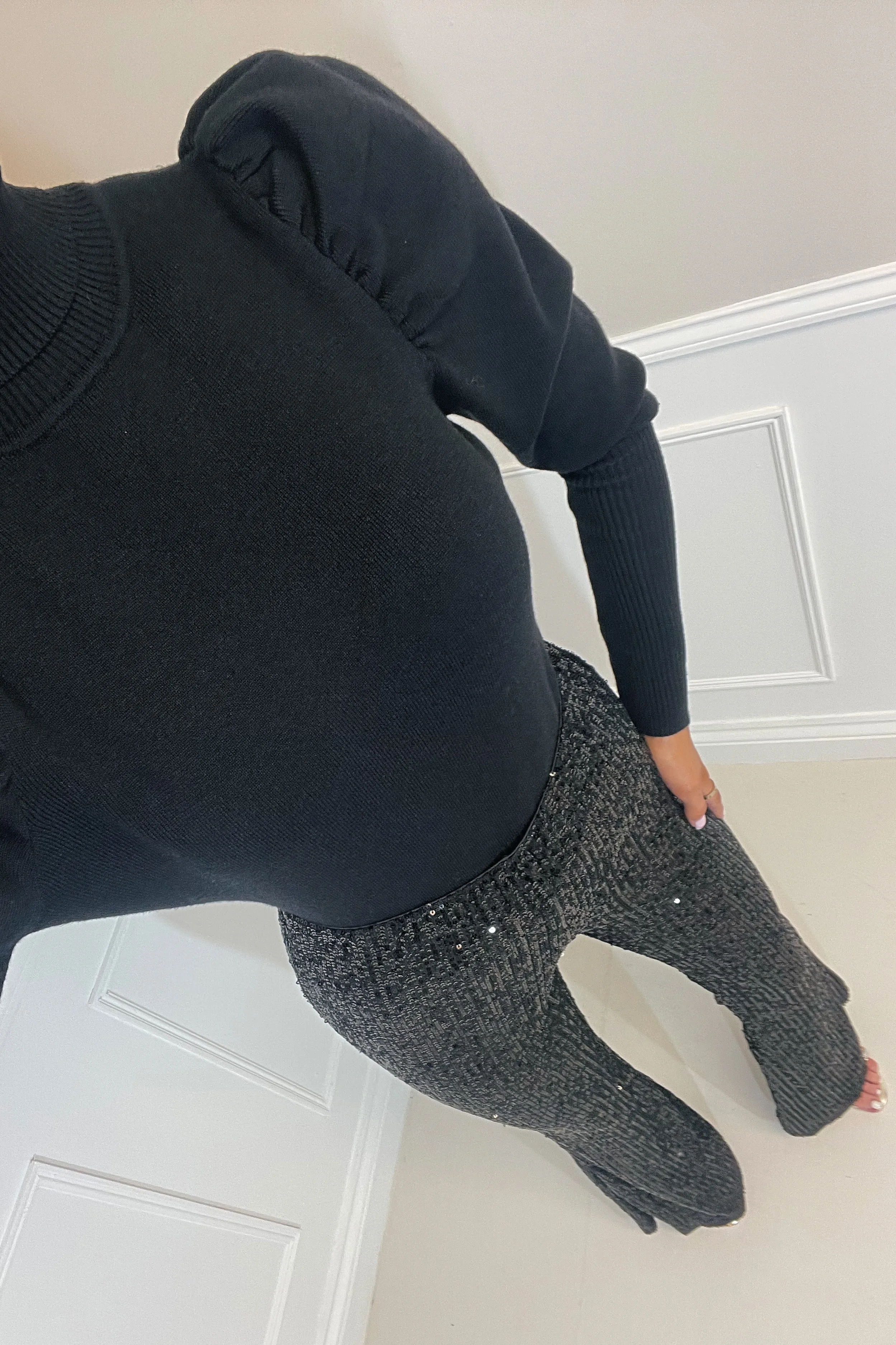 PERI High Waisted Sequin Flair Trousers in Black sold by Talliah Rose UK product image thumbnail 4