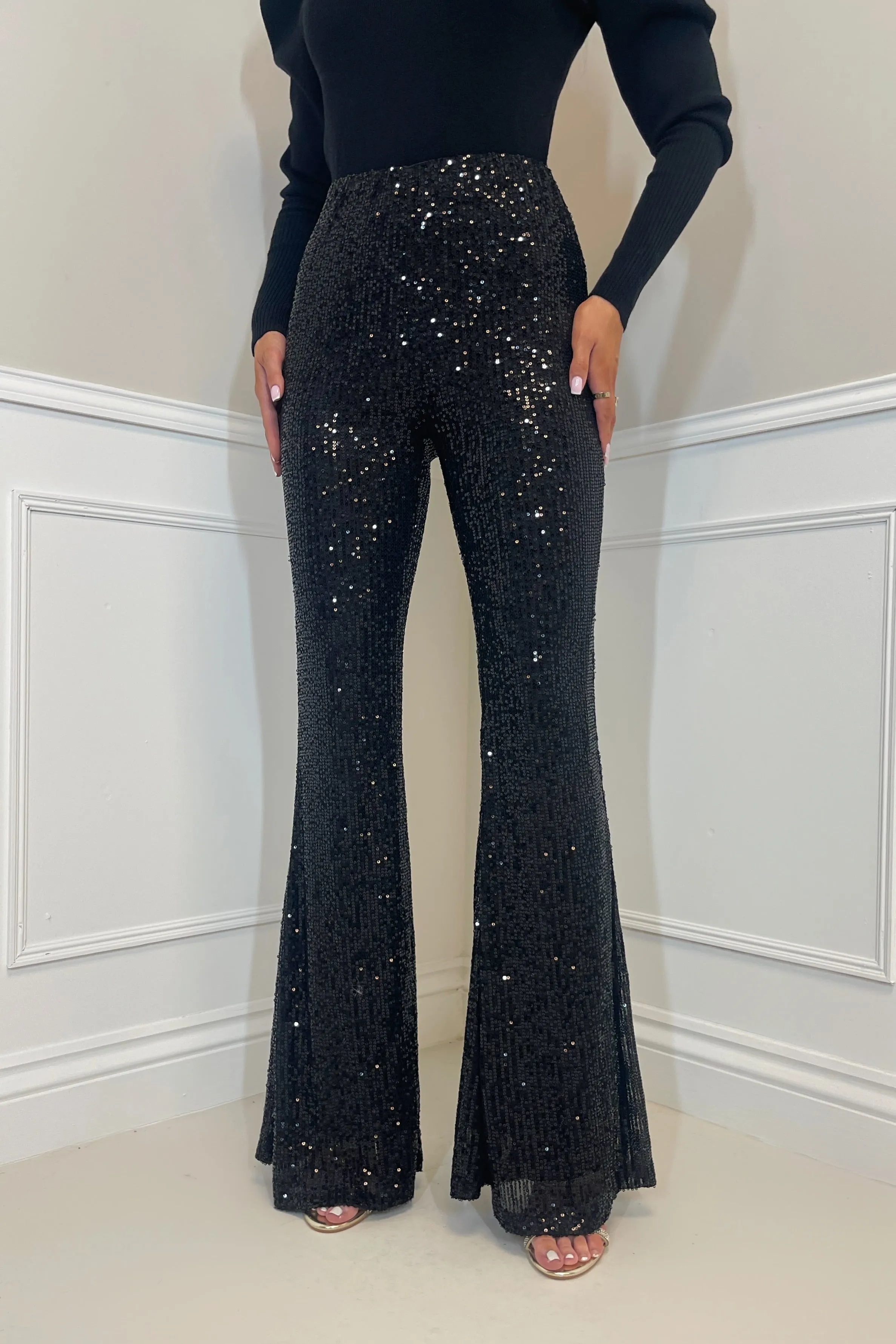 PERI High Waisted Sequin Flair Trousers in Black sold by Talliah Rose UK product image thumbnail 3