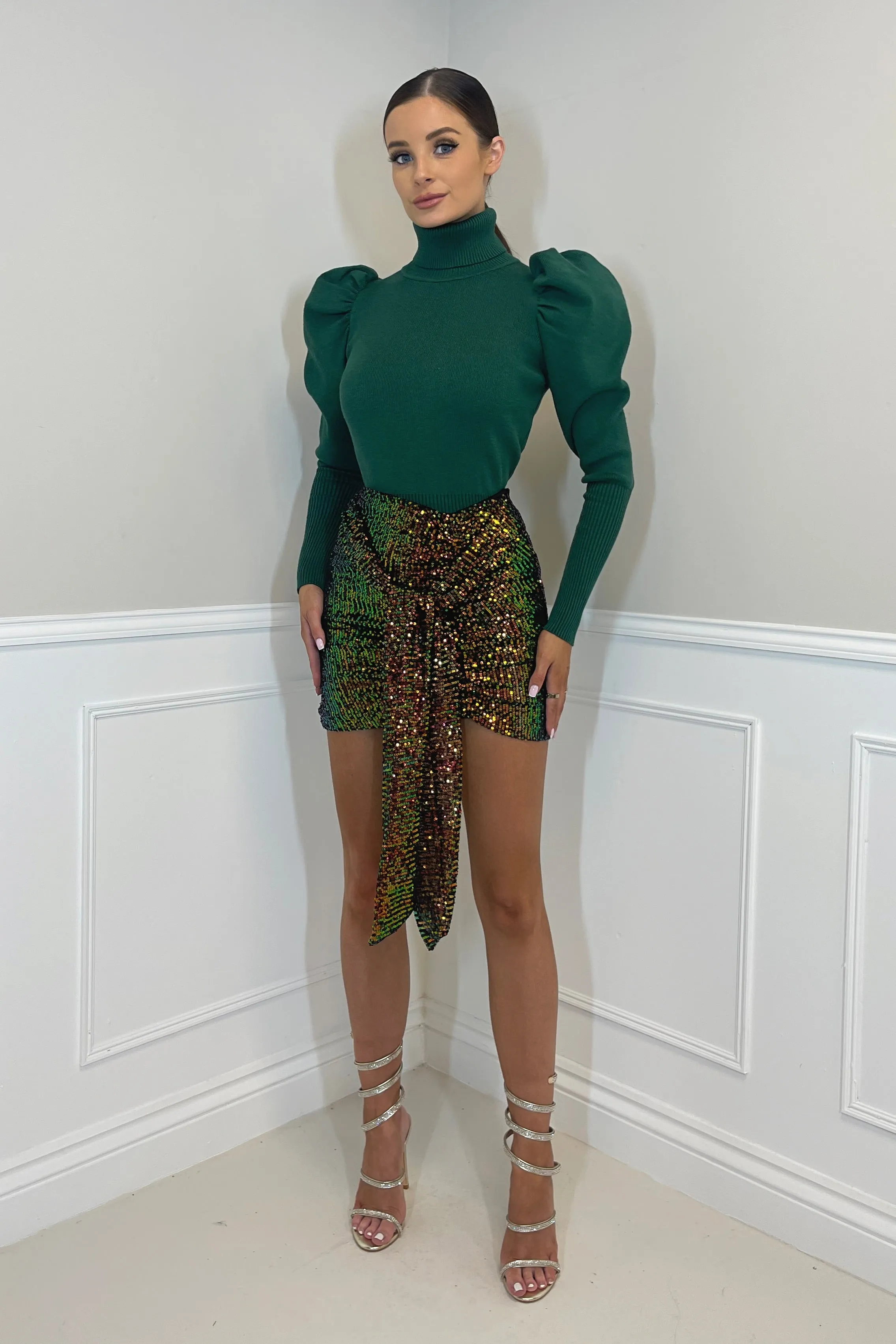 ASTON High Waisted Sequin Tie Front Mini Skirt in Black/Green sold by Talliah Rose UK