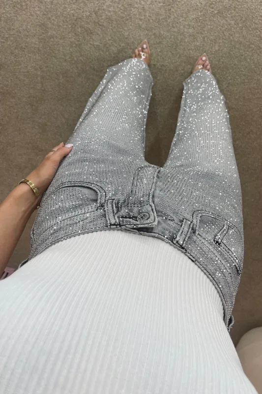 NAOMI Premium Wide Leg Diamanté Denim Jeans in Storm Grey sold by Talliah Rose UK