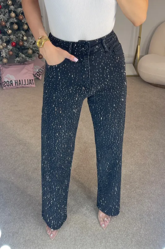 QUINN High Waisted Diamanté Straight Leg Jeans in Black sold by Talliah Rose UK