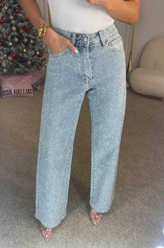 QUINN High Waisted Diamanté Straight Leg Jeans in Light Blue sold by Talliah Rose UK
