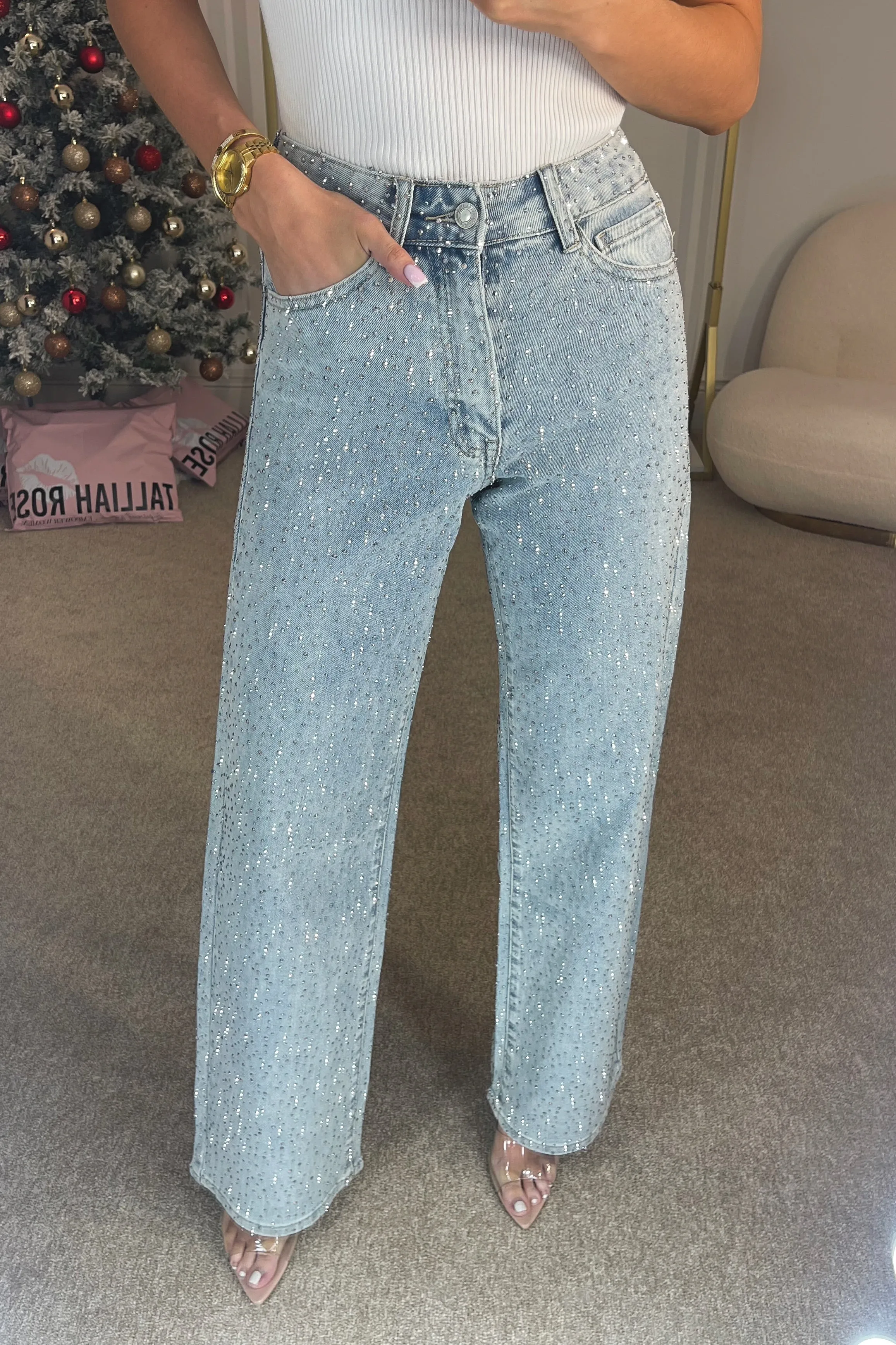 QUINN High Waisted Diamanté Straight Leg Jeans in Light Blue sold by Talliah Rose UK