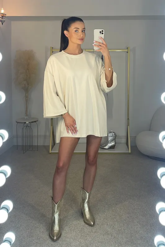 ISLA Textured Oversized T Shirt Dress in Light Beige sold by Talliah Rose UK
