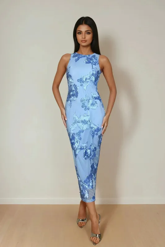 JESSICA Embroidered Floral Bodycon Midi Dress in Sky Blue sold by Talliah Rose UK